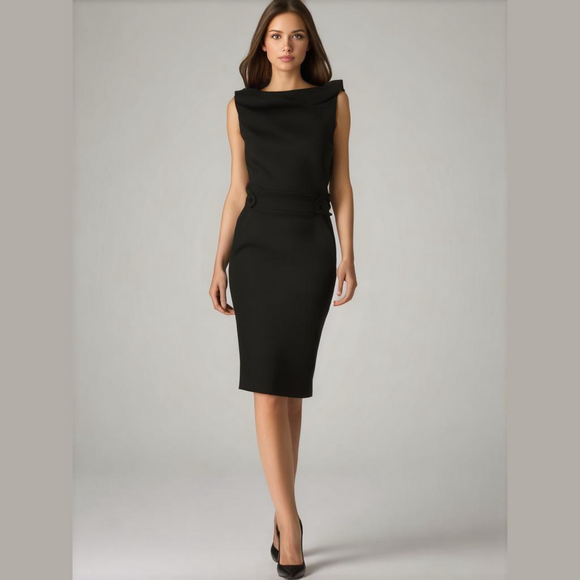 Intrigue Dresses & Skirts - 90s INTRIQUE BLACK SLEEVELESS FITTED SHEATH MIDI DRESS W SCOOP COWL NECK  SZ 10